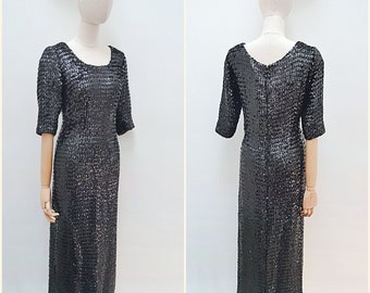 1960s Sequin full length dress, 60s sequinned long wiggle, Elbow length sleeve eveningwear - M