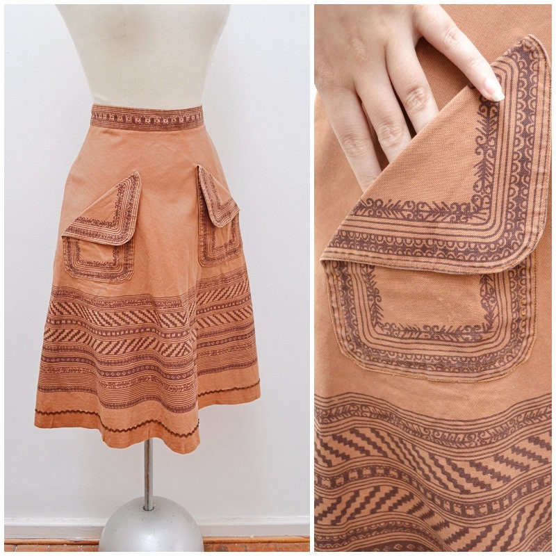 Image of S S Cocoa Brown Printed Cotton A Line Skirt With Cuffed Pockets/Mexican Feel Clothkits Summer Ricrac Trim - Xs S