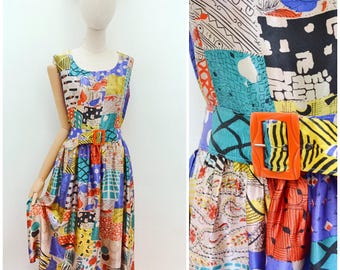 1950s Novelty print patchwork dress, 50s Satin printed full gathered midi - M