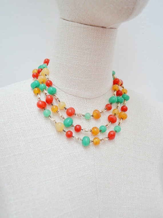 1950s Glass multicoloured bead necklace, Triple s… - image 2