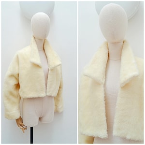 1950s Mohair pointed collar jacket, 50s Wool faux fur short coat, Open front outerwear - M