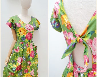 1980s does 50s cotton sundress, 80s Open back summer dress, Rose print full skirt - S