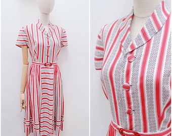 1940s Red white stripe rayon pleated skirt day dress / 40s Stripy shirtwaister summer dress with belt - S