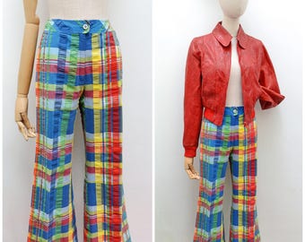 1970s Cotton check flared trousers, 70s Bright checked waisted flares, Patty Woodard pants - XS