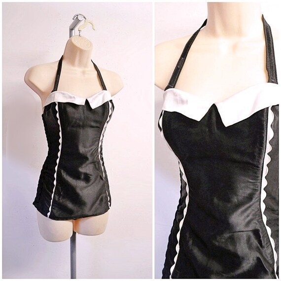 1940s 50s Black satin & ricrac halter neck swimsui