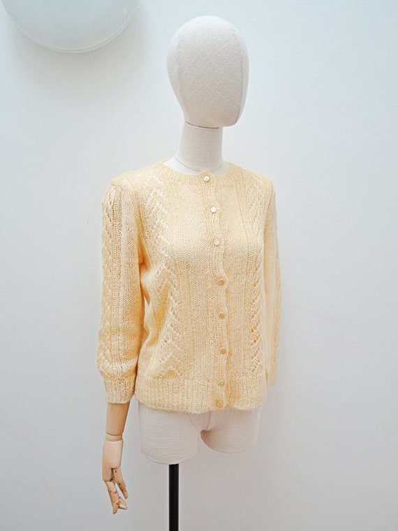 1960s Hand knitted peach cardigan, 60s Mohair woo… - image 2