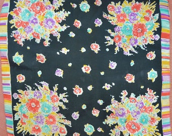 1930s Floral rayon crepe handkerchief, 1940s Flower print pocket square, 30s black orange accessory