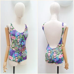 1960s Bright floral print swimsuit, 60s Low back bathing costume, Retro original swimwear - S