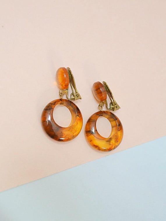 1940s Bakelite Drop Hoop Earrings, 40s Catalin Door Knocker Clip