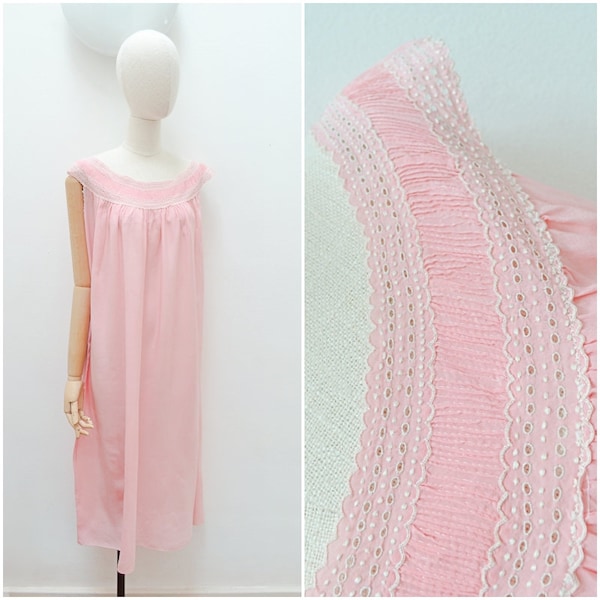 1930s Hand embroidered silk nightdress, 30s loose gathered pink nightie, Long night wear - L XL