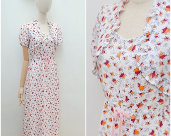 1930s Abstract printed white rayon full length dress / 30s Velvet ribbon orange burgundy blue pink muggle nightgown - XS S