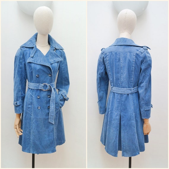 1970s Corduroy Double Breasted Coat 70s Belted Corded Velvet Mackintosh Fitted Trench With Belt XS S Etsy