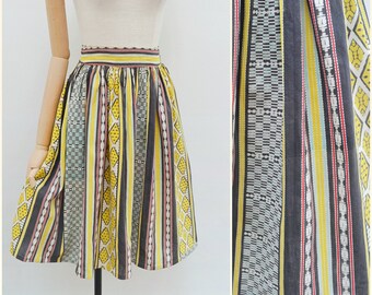 1950s Printed cotton gathered skirt, 50s Gathered waisted bright midi, Deep waistband summer separate - S M