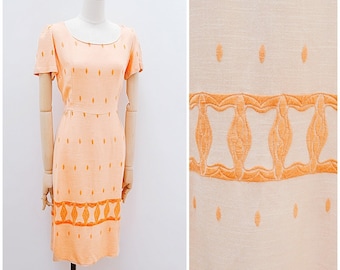 1950s Embroidered peach summer dress, early 1960s fitted rayon linen, 50s Pastel wiggle - S