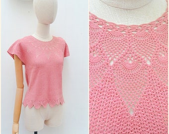 1930s Crocheted cotton short top, 30s crochet day blouse shirt, 1940s zig zag flutter sleeve - XS