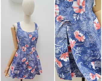 1960s Cotton mix printed romper, 60s Sleeveless floral mini, Dress with playsuit shorts - L