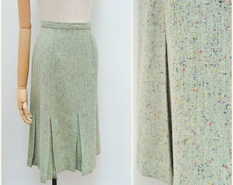 1940s Pleated wool day skirt, 40s flecked woollen winter wear, Sage warm daywear - S