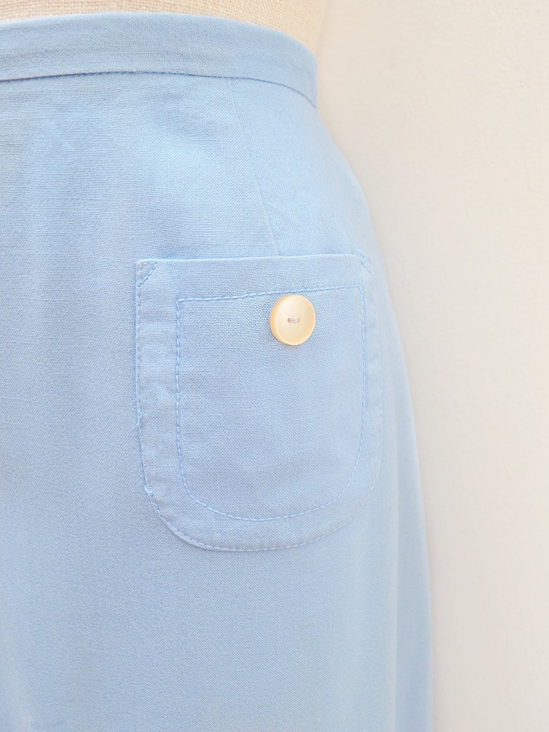 1960s Pale blue day skirt, 60s St Michael straight skirt, Pocket rayon cotton knee length L XL image 4