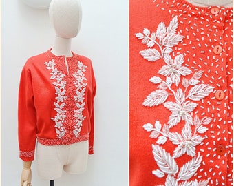 1950s Beaded Lambswool cardigan, 50s silk lined soft wool sweater, Red white jumper - L