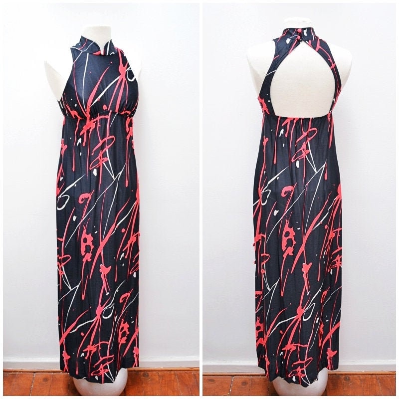 Image of S Jantzen Black & Red Paint Splash Print Empire Line Maxi Beach Dress/S High Neck Open Back Long Nylon Jersey Summer - Xs