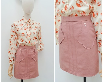 1970s Shaped pocket short skirt, 70s Wool mix waisted mini, Retro daywear - XXS