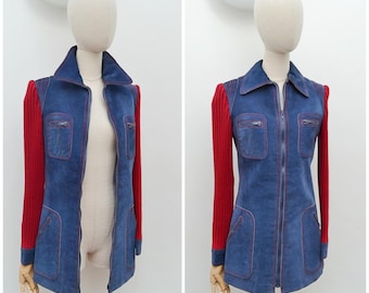 1960s Suede & knit jacket, 60s Zip front hip length coat, Fitted outerwear - XS S