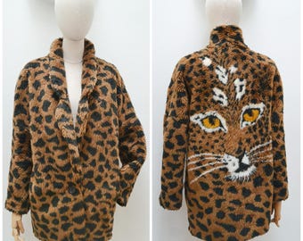 1980s Cat face faux fur coat, 80s Animal print Astraka jacket - S