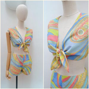 1960s Psychedelic printed cotton set, 60s Hot pants & tie crop top, Bright pastel party wear - XS