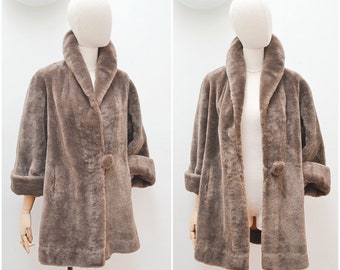 1950s Faux fur big collar coat, 50s Thick cuffed mid length winter jacket, Astraka fake furry outerwear - M