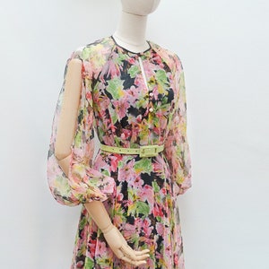 1970s Open sleeve chiffon dress, 70s Floaty keyhole neck eveningwear, Floral pastel balloon sleeve XS image 7
