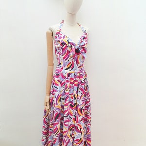 1980s Abstract cotton halterneck sundress, 80s Printed bright full skirt, summer dress with pockets, Small image 5