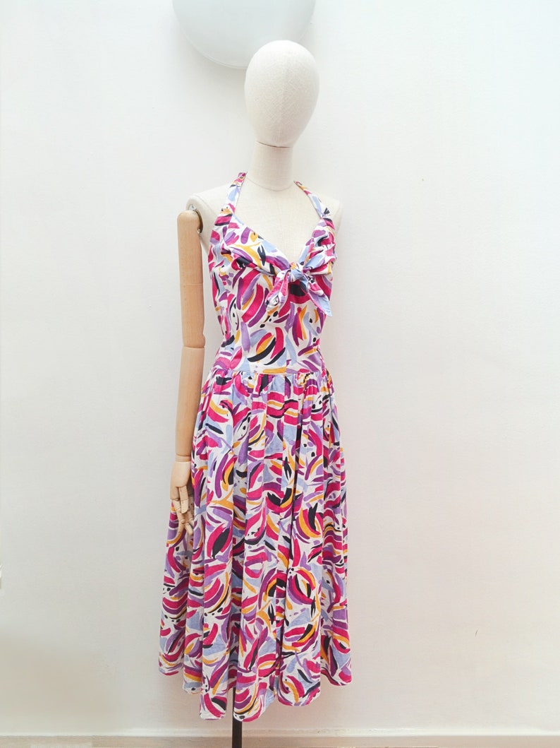 Vestido de verano abstracto de algodón con cuello halter de la década de 1980, falda completa brillante estampada de los años 80, vestido de verano con bolsillos, pequeño imagen 5
