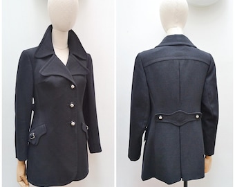1960s Asymmetric big collar pea coat, 60s Semi fitted woollen jacket, 70s suit - S