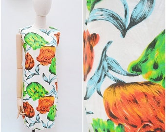 1960s Tulip print summer dress, 60s sleeveless unfitted shift, Bright floral graphics - XS S