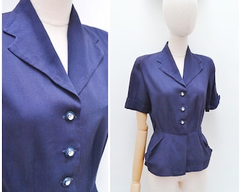 1940s Short sleeve peplum jacket, 40s Navy blouse with pockets - M