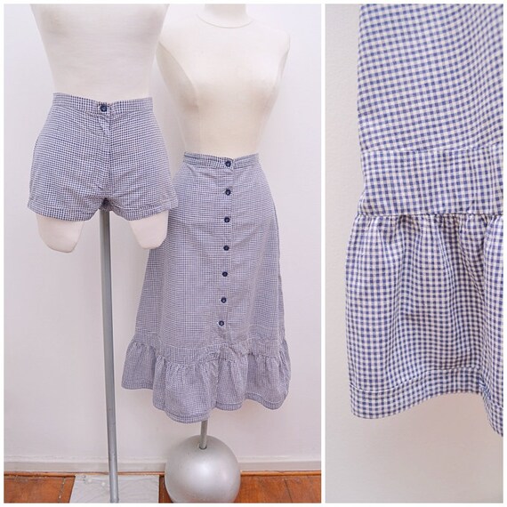 1970s Blue gingham check cotton skirt & shorts set