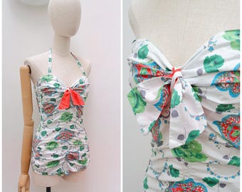 1950s Adjustable neckline cotton swimsuit, 50s Printed bathing costume, Boned swimwear - XS S