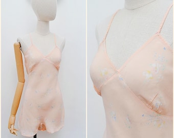 1940s Rayon floral cami knickers, 40s Pastel slinky body suit, 30s flower print teddy - S