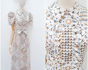 1970s Geometric print puffed sleeve collared maxi dress / 70s Full length semi sheer white blue tan frilly party dress - XS