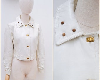 1970s Studded collar leather jacket, original 70s off white bomber, Cropped waist length daywear - S