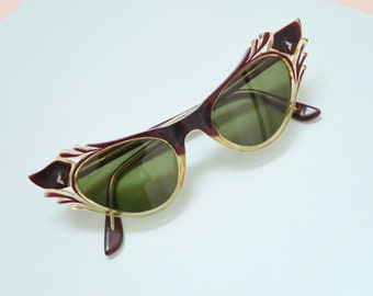 1950s Carved cat eye sunglasses, 50s Cateye tinted lens glasses, Collectible avant garde eyewear