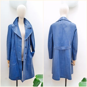 1970s Blue leather belted coat, 70s Trenchcoat with belt, Long wide collar dark raincoat - L XL
