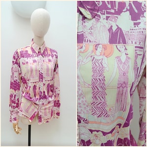 1970s Novelty Art Deco print shirt, 70s Printed 1920s women top, Original beagle collar retro menswear - M