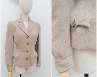 1950s Fitted wool suit jacket, 50s Woollen smart day blazer, Beige grey suit - M