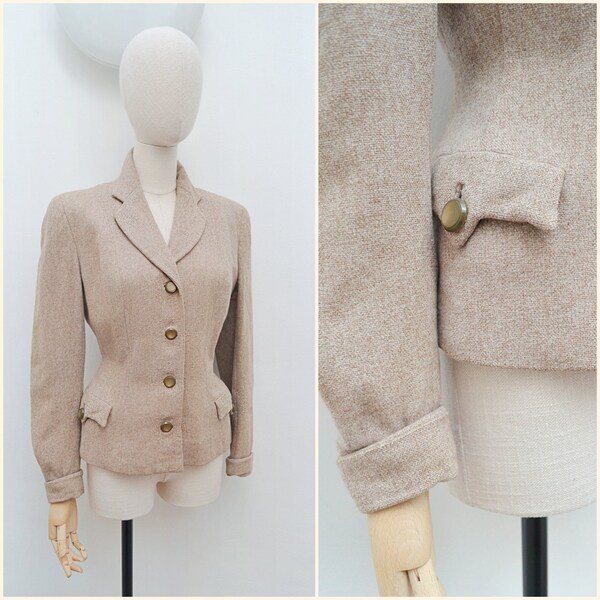 1950s Fitted wool suit jacket, 50s Woollen smart day blazer, Beige grey suit - M