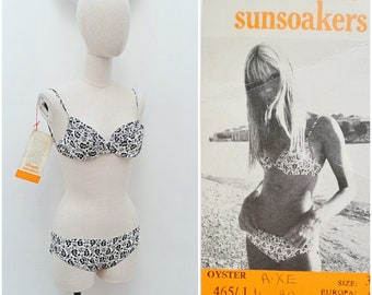 1960s Printed cotton low rise bikini, 60s Silhouette Sunsoakers 2 piece, Deadstock swimsuit - XXS