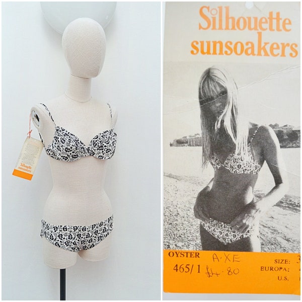 1960s Printed cotton low rise bikini, 60s Silhouette Sunsoakers 2 piece, Deadstock swimsuit - XXS