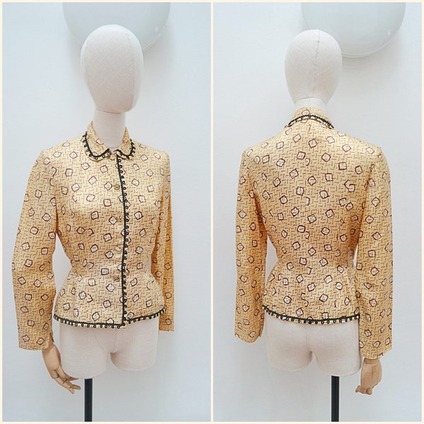 1940s Fitted printed day jacket, 40s hourglass round collar daywear, Padded new look hip - XS