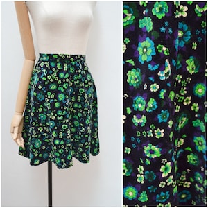 1960s Velvet A line skirt, 60s Flared short floral mini, 70s psychedelic printed daywear - XS