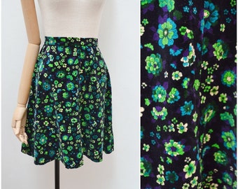 1960s Velvet A line skirt, 60s Flared short floral mini, 70s psychedelic printed daywear - XS